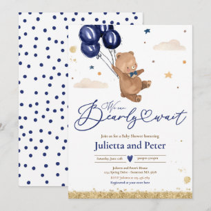 Teddy Bear We Can Bearly Wait Boy Navy Baby Shower Invitation