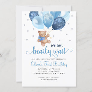 Teddy Bear We Can Bearly Wait First Birthday Invitation