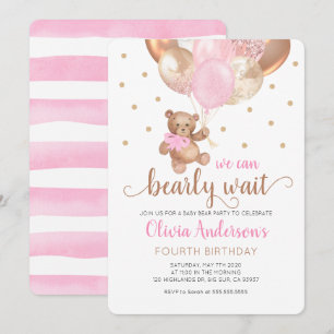 Teddy Bear We Can Bearly Wait Girl Baby Birthday Invitation