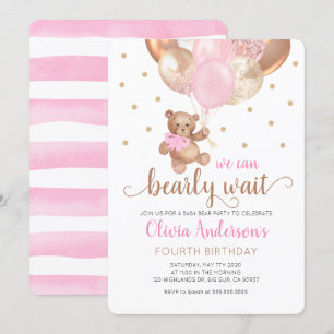 Teddy Bear We Can Bearly Wait Girl Baby Birthday Invitation