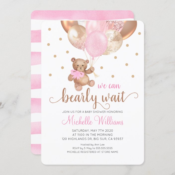 Teddy Bear We Can Bearly Wait Girl Baby Shower Inv Invitation Zazzle