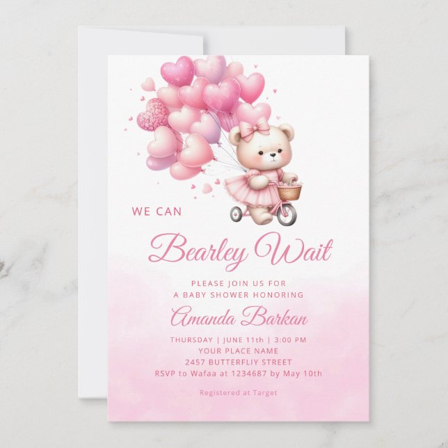  Teddy Bear we can Bearly Wait girl baby shower  Invitation (Front)
