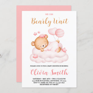 Teddy Bear We Can Bearly Wait Girl Baby Shower  Invitation