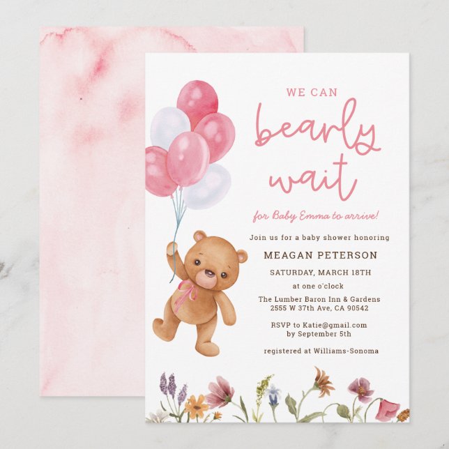 Teddy Bear We Can Bearly Wait Girl Baby Shower Invitation (Front/Back)