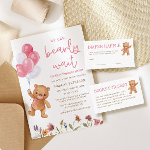 Teddy Bear We Can Bearly Wait Girl Baby Shower Invitation