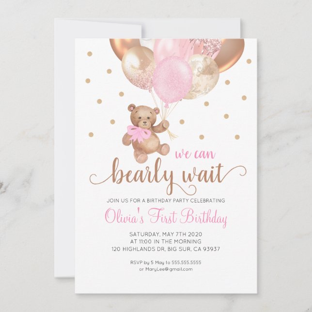 Teddy Bear We Can Bearly Wait Girl First Birthday Invitation (Front)
