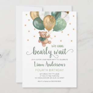 Teddy Bear We Can Bearly Wait Sage Green Birthday Invitation