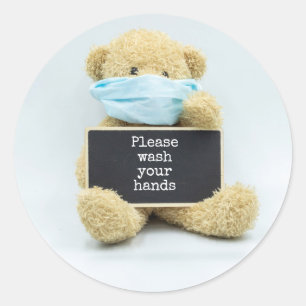 Teddy bear wear face mask with please wash hands classic round sticker