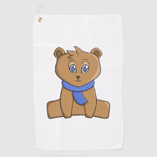 Teddy bear wearing a blue scarf golf towel