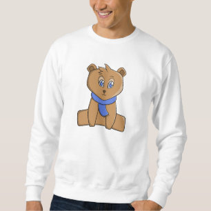 Teddy bear wearing a blue scarf sweatshirt
