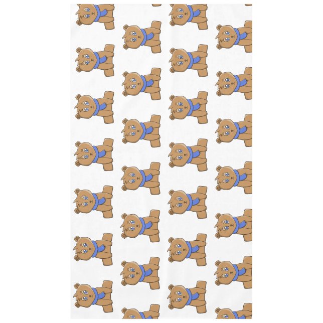 Teddy bear wearing a blue scarf tablecloth (Front)