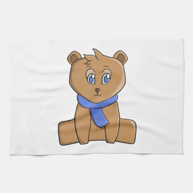 Teddy bear wearing a blue scarf tea towel (Horizontal)
