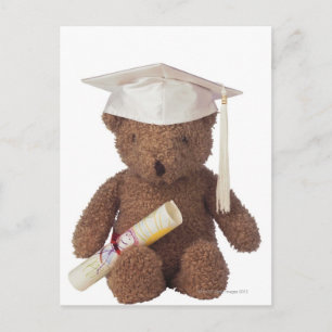 Teddy bear wearing mortarboard and with crayon postcard