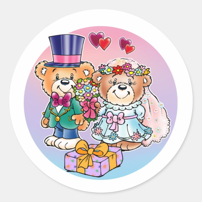 Teddy Bear Wedding Couple Classic Round Sticker (Front)