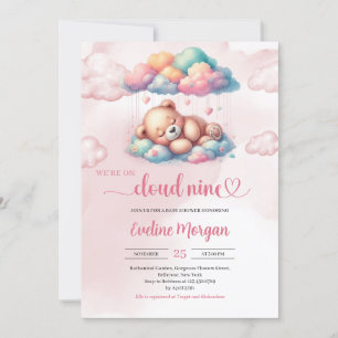 Teddy bear we're on cloud nine girl baby shower invitation