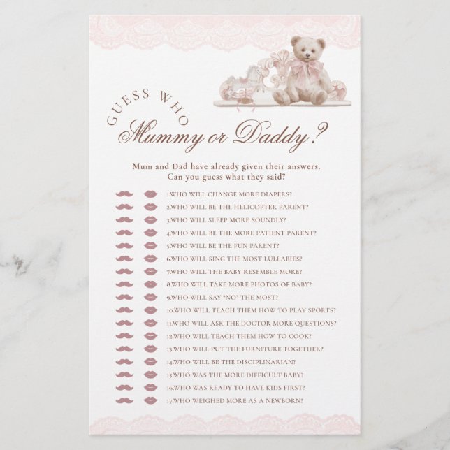 Teddy Bear Who Mommy or Daddy Baby Shower Game (Front)
