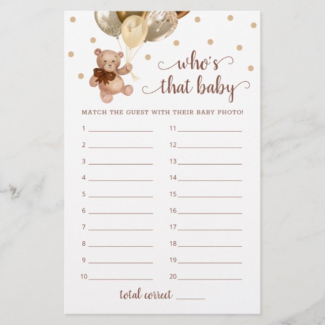 Teddy Bear Who's That Baby Shower Photo Game (Front)