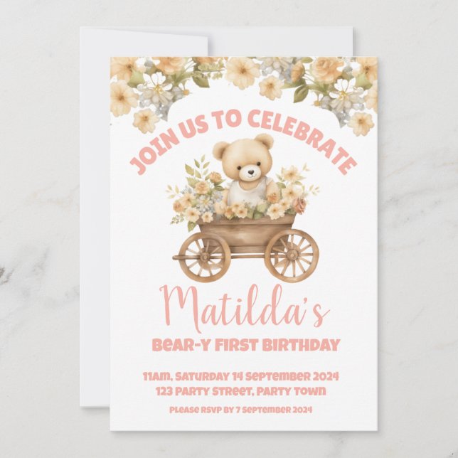 Teddy Bear Wildflower Floral Birthday Invitation (Front)
