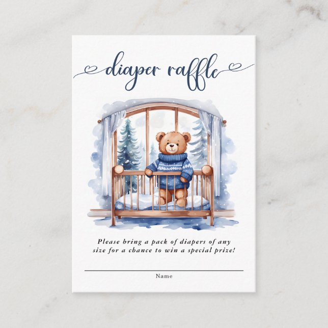 Teddy Bear Winter Boy Baby Shower Diaper Raffle Enclosure Card (Front)