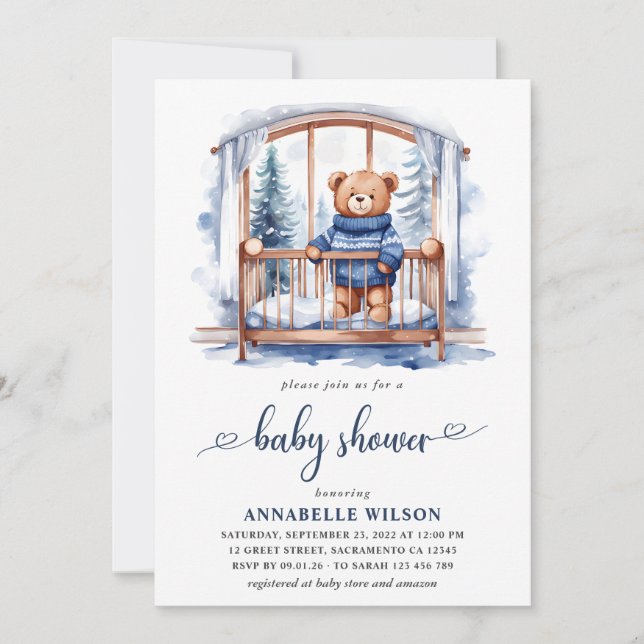 Teddy Bear Winter Boy Baby Shower  Invitation (Front)
