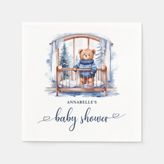 Teddy Bear Winter Boy Baby Shower  Napkin (Front)