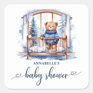 Teddy Bear Winter Boy Baby Shower Square Sticker