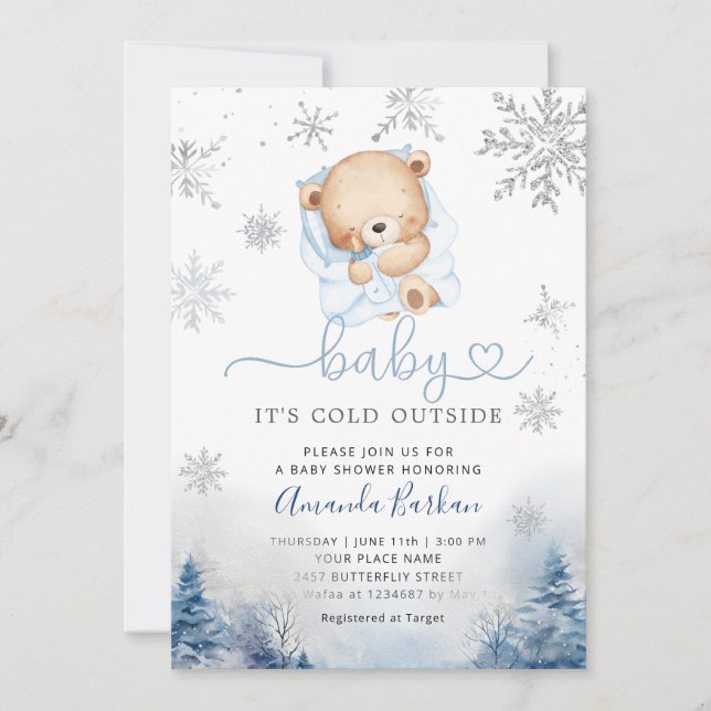 Teddy Bear Winter snowflakes Blue Boy Baby shower  Invitation (Front)