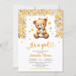 Teddy bear with baby bottle yellow flowers girl invitation