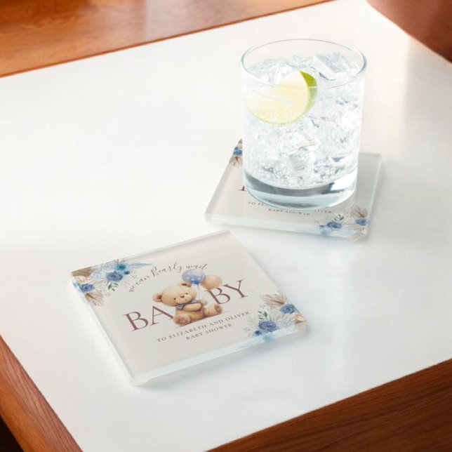 Teddy Bear With Balloon Boho Blue Rose Baby Shower Glass Coaster (Creator Uploaded)