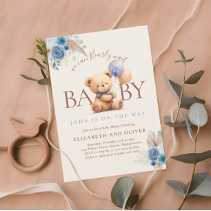 Teddy Bear With Balloon Boho Blue Rose Baby Shower Invitation