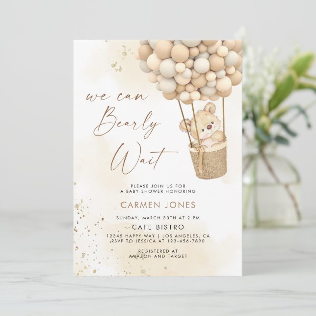 Teddy Bear with Balloons Baby Shower Invitation (Standing Front)