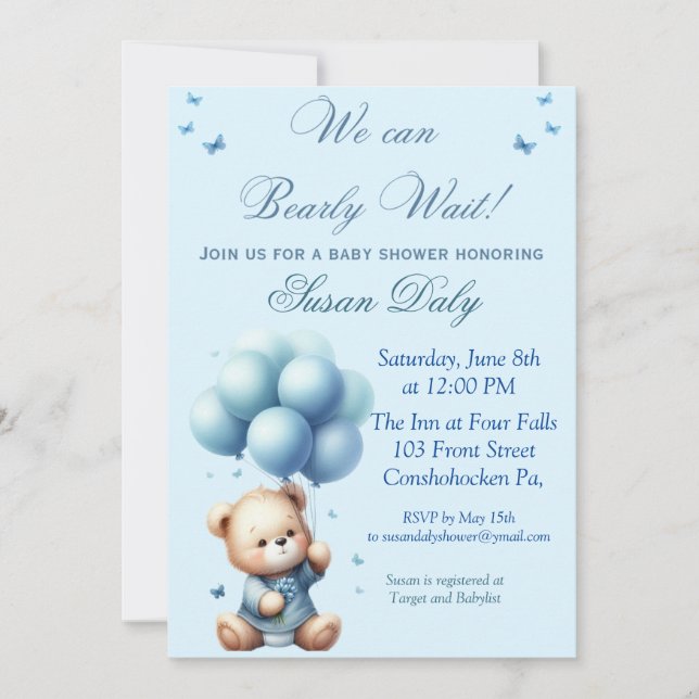 Teddy Bear with balloons baby shower invitation (Front)