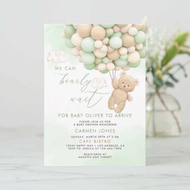 Teddy Bear with Balloons Baby Shower Invitation (Standing Front)
