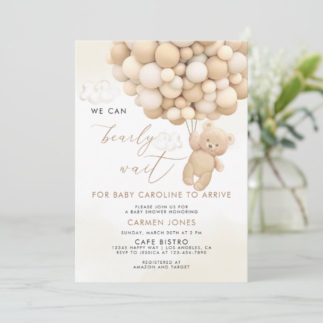 Teddy Bear with Balloons Baby Shower Invitation (Standing Front)