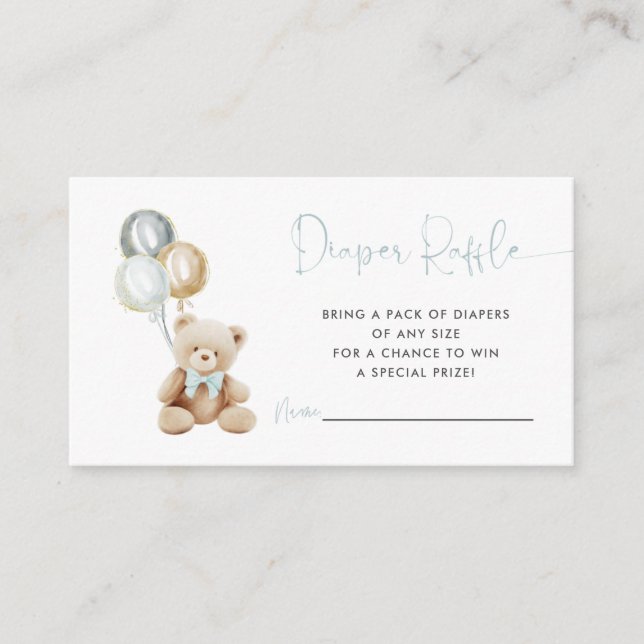 Teddy Bear With Balloons Boy Diaper Raffle Card (Front)