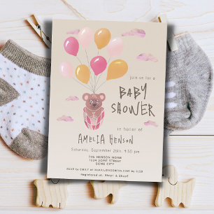 Teddy Bear with Balloons Drawing Baby Shower Invitation