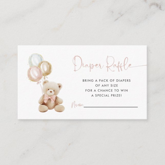 Teddy Bear With Balloons Girl Diaper Raffle Card (Front)
