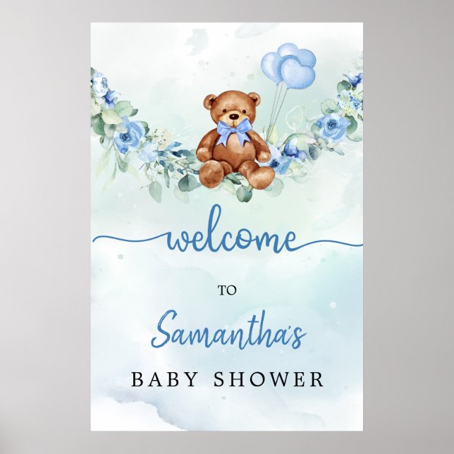 Teddy Bear With Balloons Greenery Boy Welcome Sign (Front)