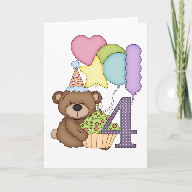 Teddy Bear with Balloons Kids Fourth Birthday Card (Front)