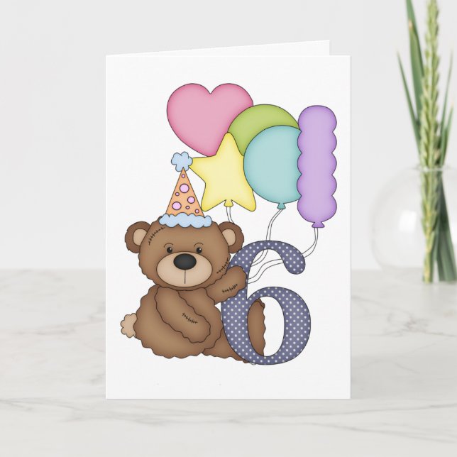 Teddy Bear with Balloons Kids Sixth Birthday Card (Front)