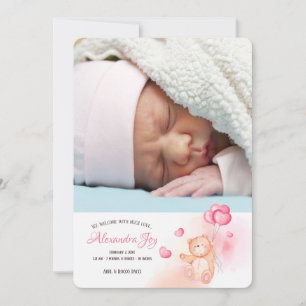 Teddy Bear With Balloons Photo Birth Announcement