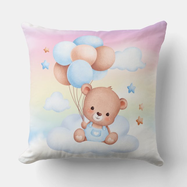 Teddy Bear with Balloons Rainbow Sky Throw Pillow (Front)