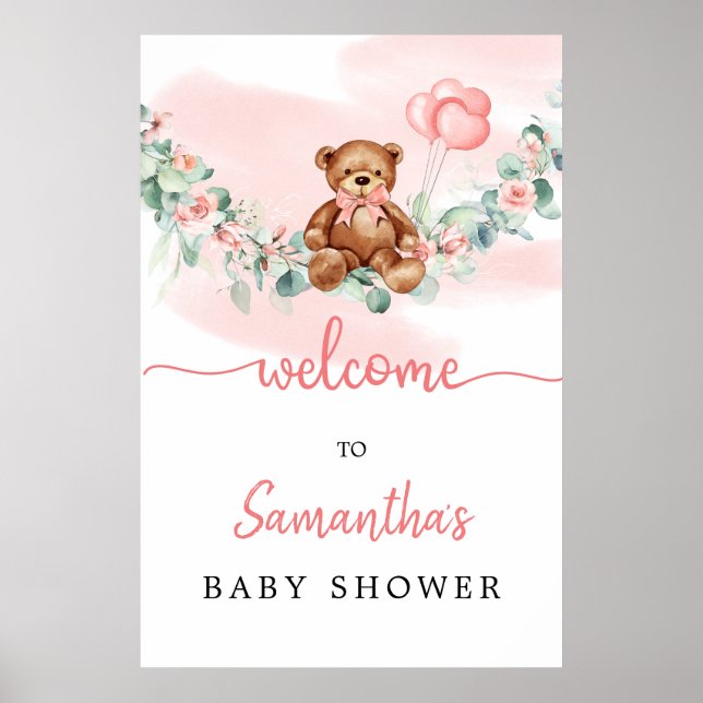 Teddy Bear With Baloons Greenery Girl Welcome Sign (Front)