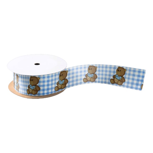 Teddy Bear with Bib on Blue Gingham Satin Ribbon (Spool)