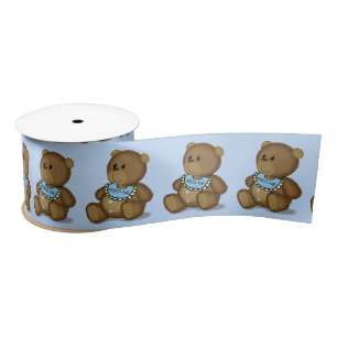 Teddy Bear with Bib on Blue Satin Ribbon