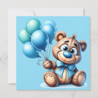 Teddy Bear with blue balloo Baby shower Invitation