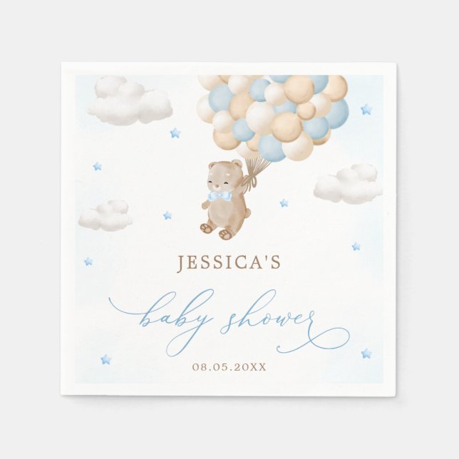 Teddy Bear with Blue Balloons Baby Shower Napkin (Front)