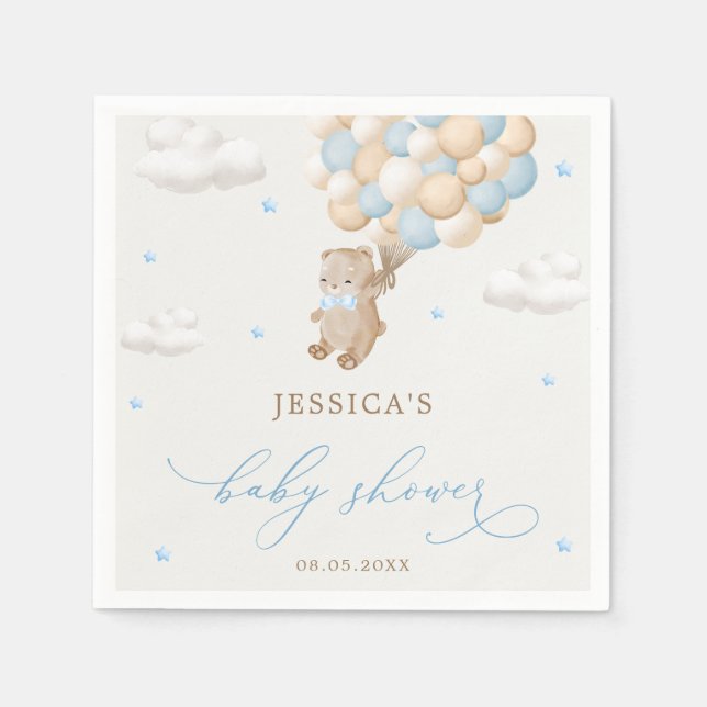 Teddy Bear with Blue Balloons Baby Shower Napkin (Front)