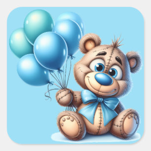 Teddy Bear with Blue Balloons Baby Shower Square Sticker