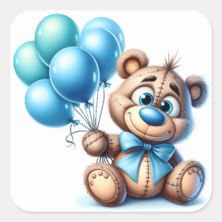 Teddy Bear with Blue Balloons Baby Shower Square Sticker